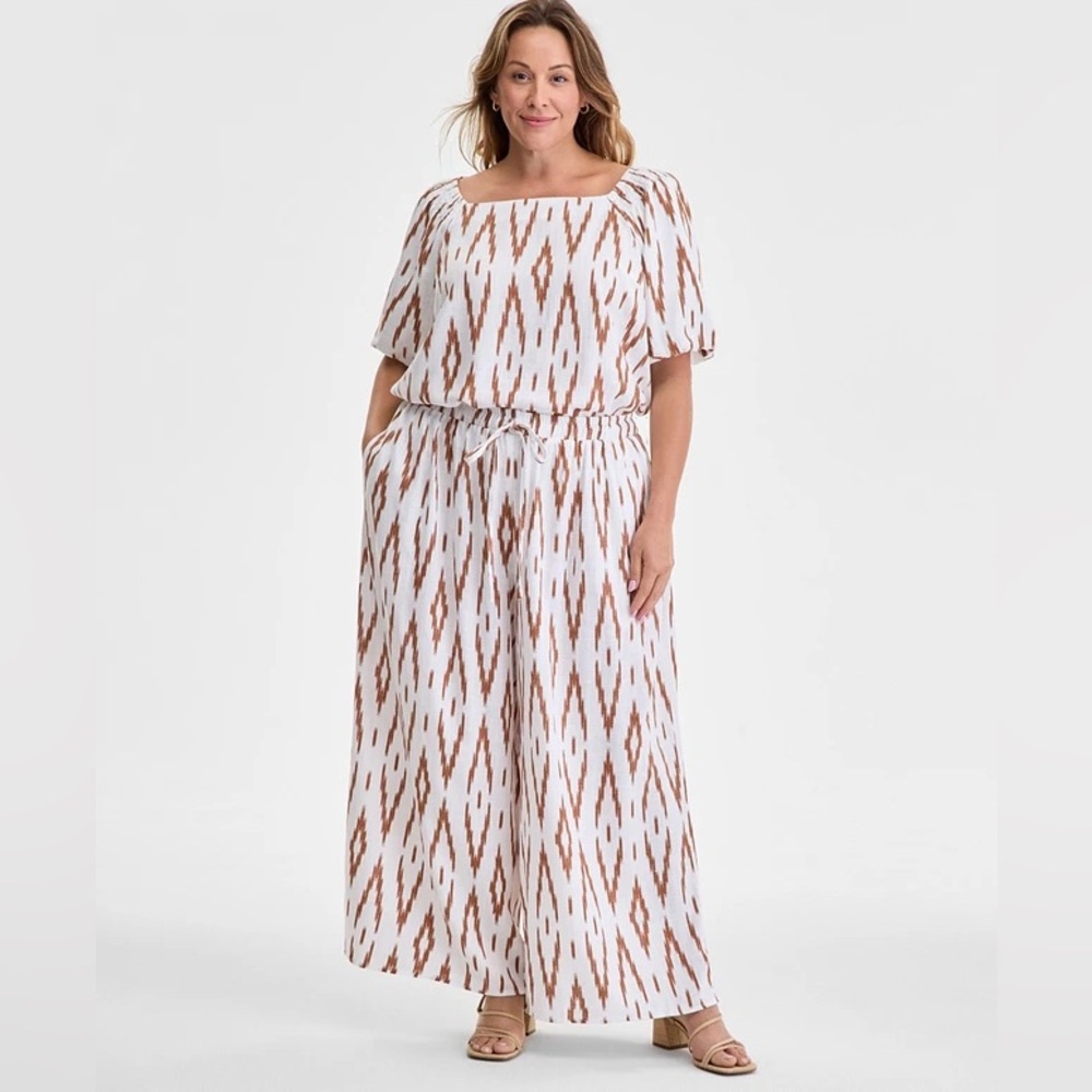 NWT Vince Camuto Plus White Brown Linen Flowy Wide Leg Palazzo Pants 2X